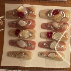 Press On Nails Set Pearl Accent‎ Embellished Design False Nail Art
